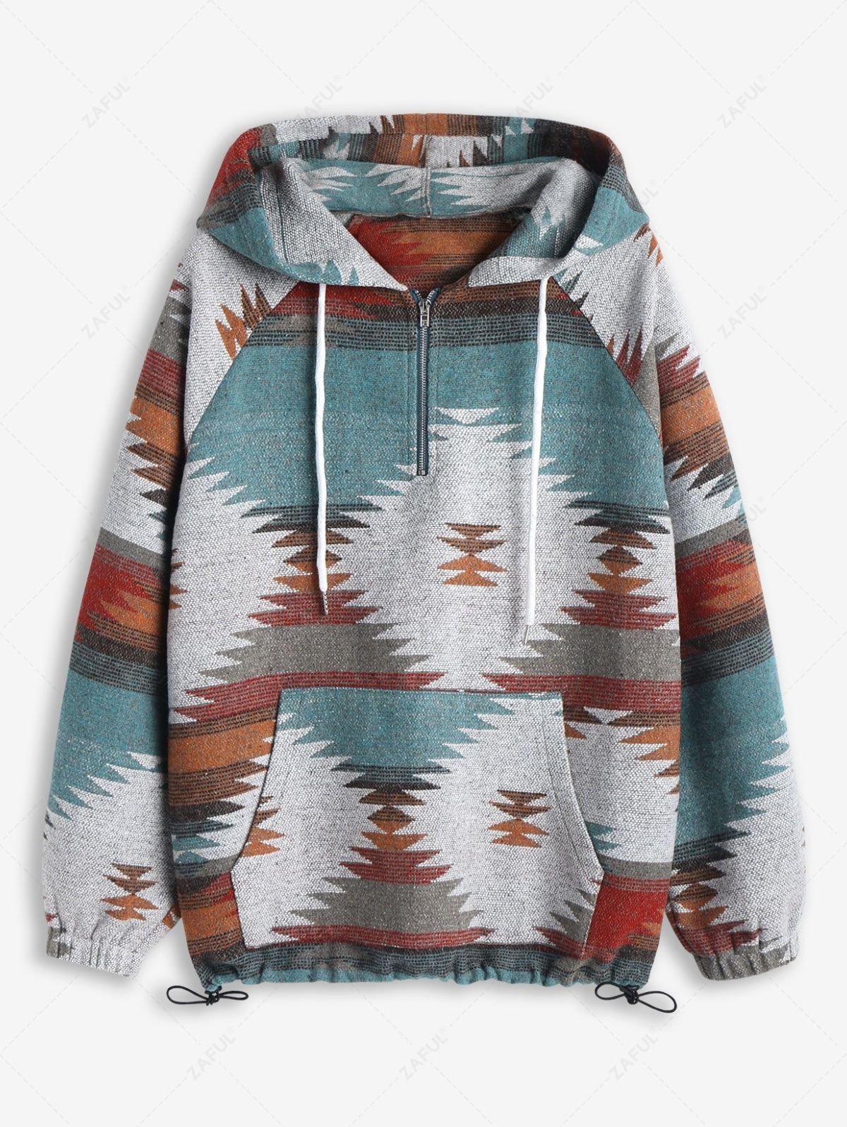 chic ZAFUL Women's Daily Ethnic Aztec Print Long Raglan Sleeve Kangaroo Pocket Quarter Zip Toggle Drawstring Hem Pullover Hoodie - MULTI L