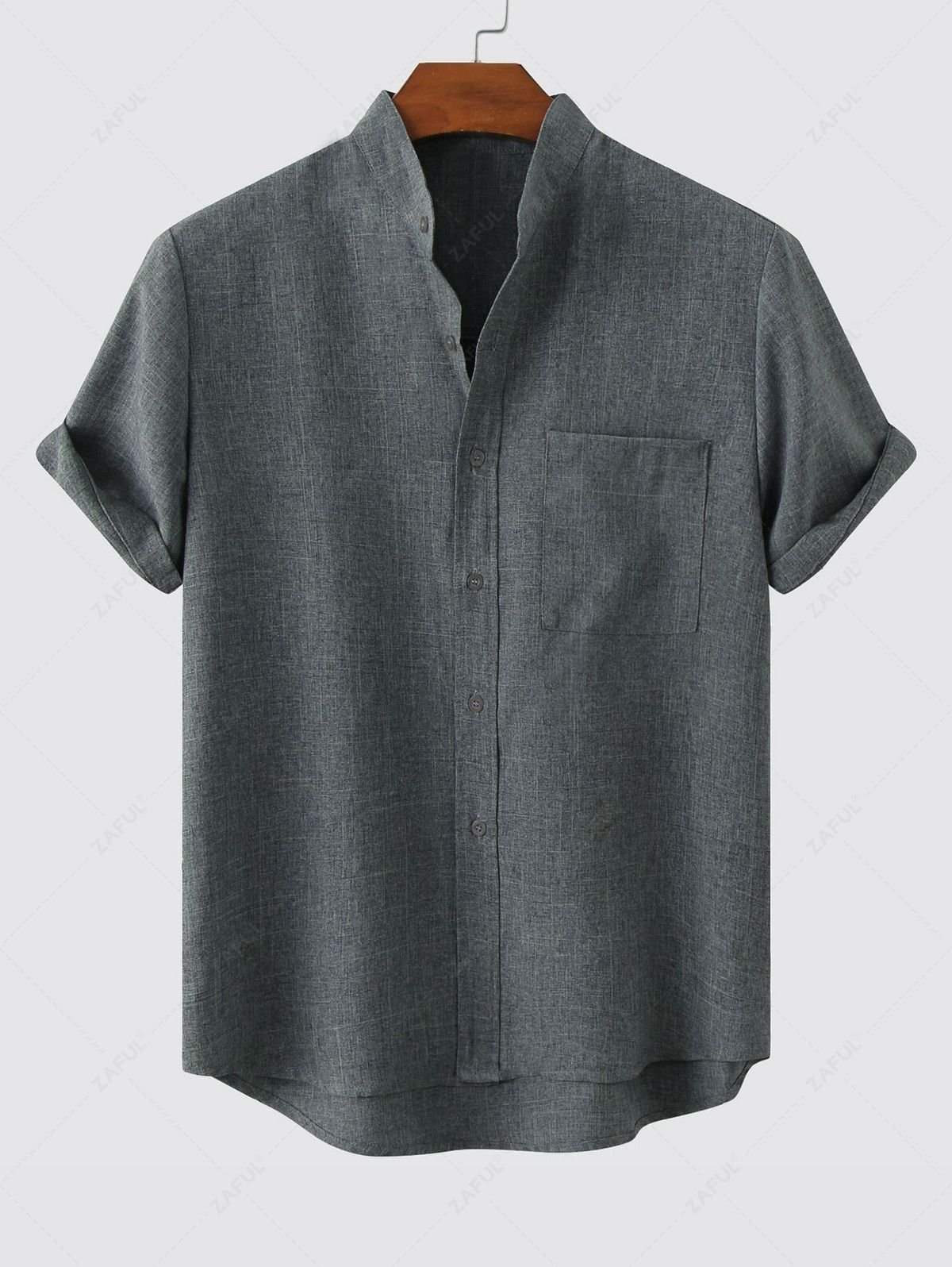 fancy Solid Color Cotton Linen Textured Front Pocket Shirt - DEEP GREEN L