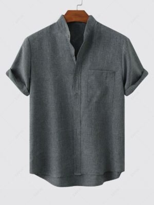 fancy Solid Color Cotton Linen Textured Front Pocket Shirt - DEEP GREEN L