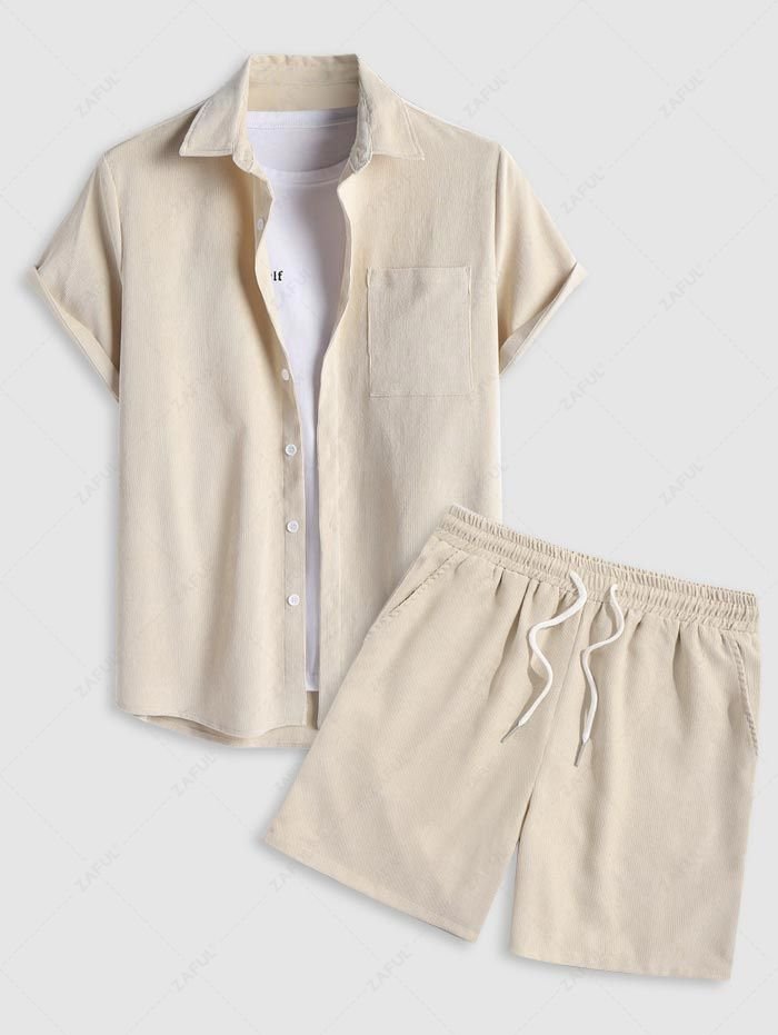 shop Men's 2 Piece Outfits Casual Basic Solid Color Pocket Corduroy Short Sleeves Button Up Shirt and Drawstring Shorts Set - LIGHT COFFEE ONE SIZE
