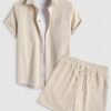 shop Men's 2 Piece Outfits Casual Basic Solid Color Pocket Corduroy Short Sleeves Button Up Shirt and Drawstring Shorts Set - LIGHT COFFEE ONE SIZE