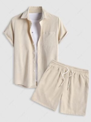 shop Men's 2 Piece Outfits Casual Basic Solid Color Pocket Corduroy Short Sleeves Button Up Shirt and Drawstring Shorts Set - LIGHT COFFEE ONE SIZE