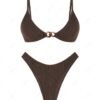 lady ZAFUL Women's Wave Textured Solid Color Lined Chunky Chain Decor High Cut Brazilian Cheeky Bikini Set Two Piece Swimwear - DEEP COFFEE S