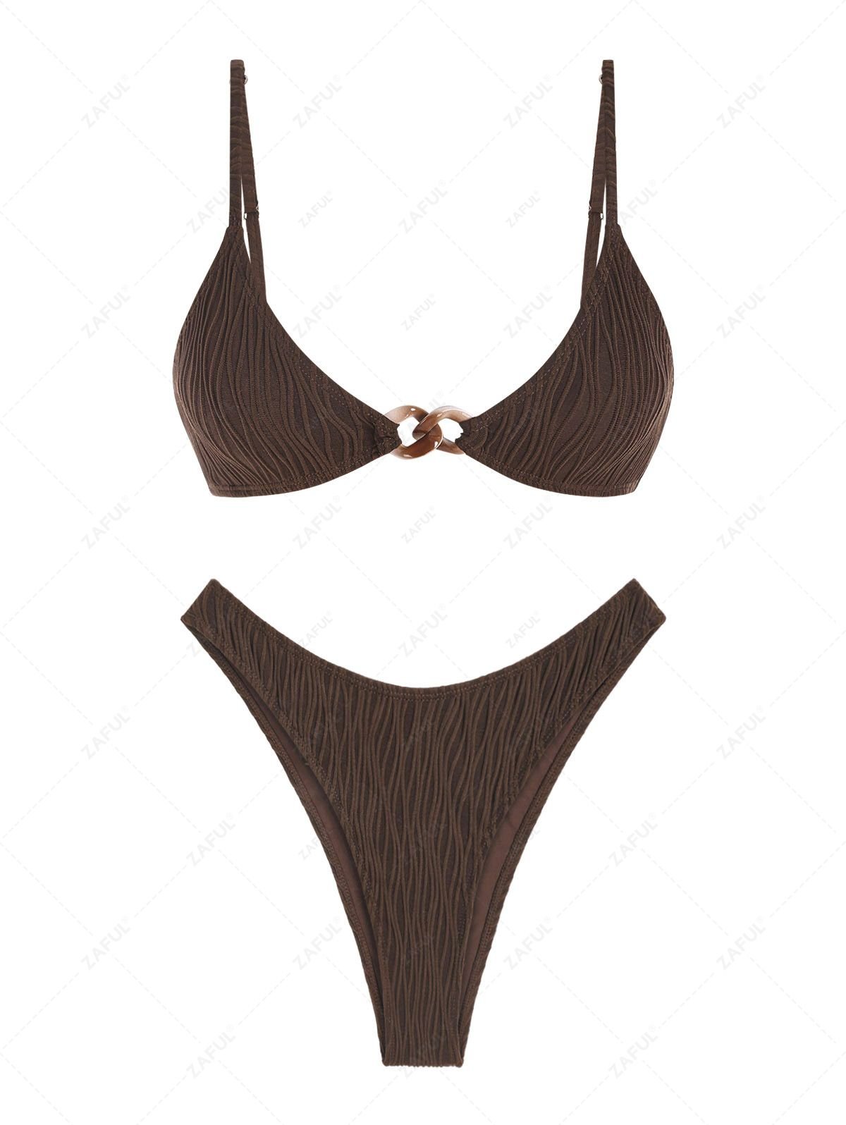 lady ZAFUL Women's Wave Textured Solid Color Lined Chunky Chain Decor High Cut Brazilian Cheeky Bikini Set Two Piece Swimwear - DEEP COFFEE S