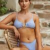fashion ZAFUL Women's Tie Side O-ring High Leg Wavy Jacquard Textured Criss Cross Metal Decor Two Piece Swimwear Bikini Set - LIGHT BLUE M