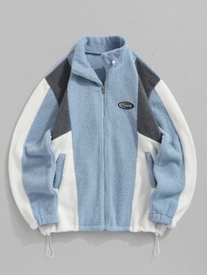sale ZAFUL Men's Casual Colorblock Fleece Fluffy Zip Up Stand Collar Pocket Toggle Drawstring Applique Design Jacket - BLUE XXL