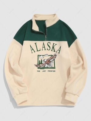 chic Streetwear Vintage ALASKA Graphic Eagle Printed Colorblock Fleece Quarter Zip Sweatshirt - LIGHT YELLOW L