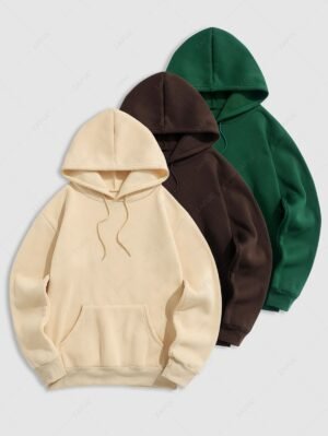 fancy Men's 3Pcs Solid Color Thermal Fleece-lined Kangaroo Pocket Pullover Hoodie - MULTI-A L