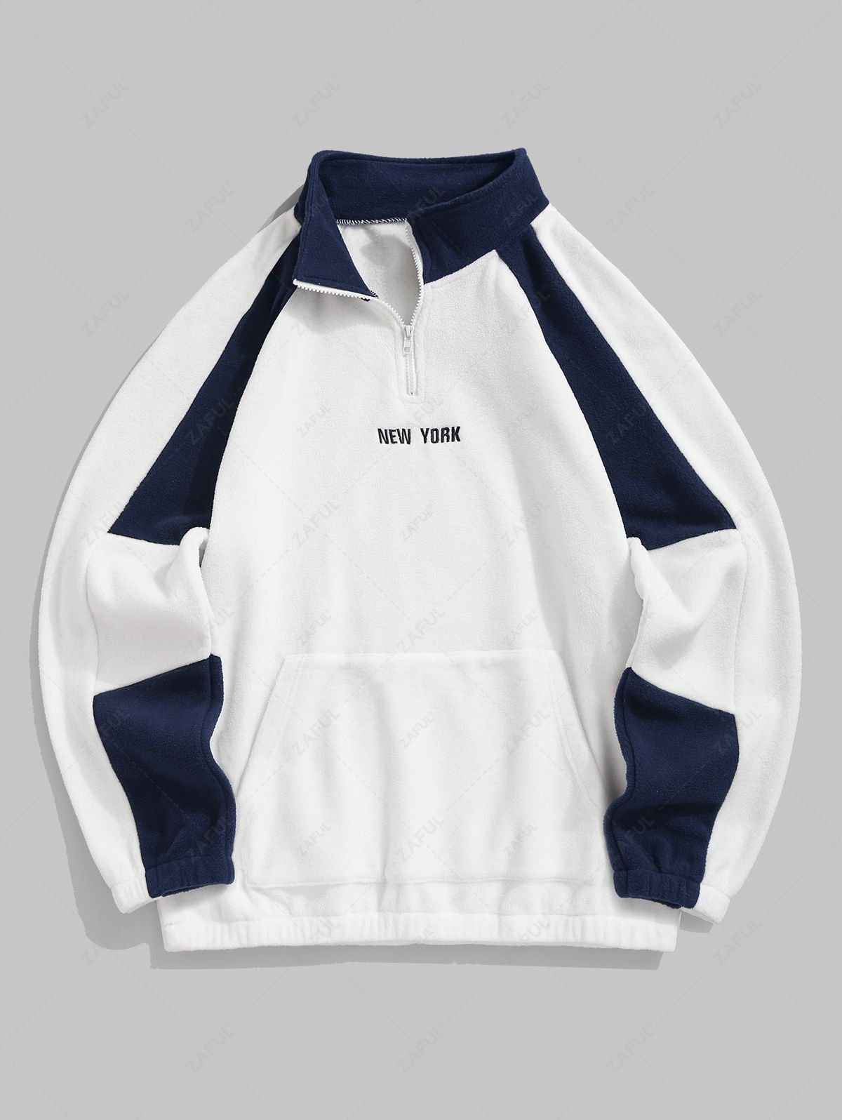 womens ZAFUL Men's Colorblock NEW YORK Embroidered Quarter Zip Kangaroo Pocket Polar Fleece Stand Collar Pullover Sweatshirt - WHITE XL