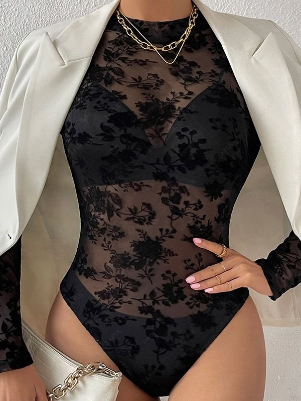 outfit Women's Sexy Sheer Mesh Flocking Floral Print High Leg Long Sleeves Bodysuit - BLACK L