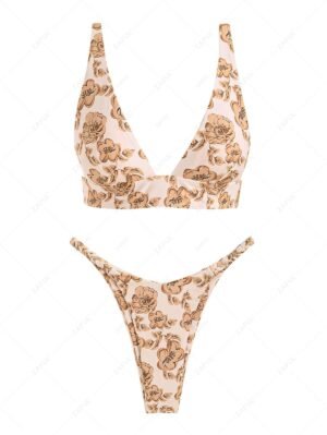 outfits Retro Floral Triangle Braided Tanga Bikini Set - LIGHT COFFEE M