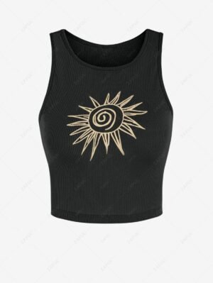 fashion Women's Sun Graphic Printed Ribbed Crew Neck Sporty Slim Crop Baby Tank Top - BLACK M