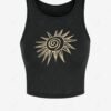 fashion Women's Sun Graphic Printed Ribbed Crew Neck Sporty Slim Crop Baby Tank Top - BLACK M