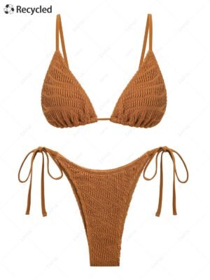 womens Recycled Fabric Crinkle Textured Triangle Tie Side Tanga Bikini Set - COFFEE L