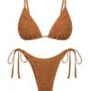 womens Recycled Fabric Crinkle Textured Triangle Tie Side Tanga Bikini Set - COFFEE L