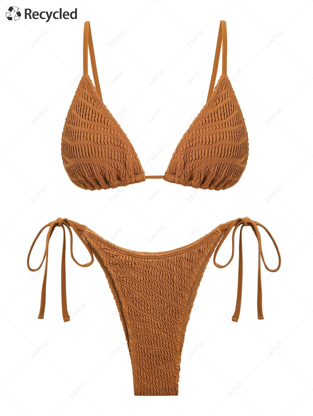 womens Recycled Fabric Crinkle Textured Triangle Tie Side Tanga Bikini Set - COFFEE L