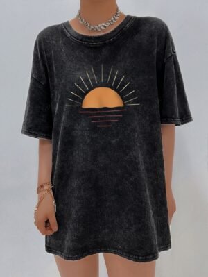 lady Women's Marled Sunrise Graphic Printed Short Sleeve Oversized T-shirt - BLACK ONE SIZE