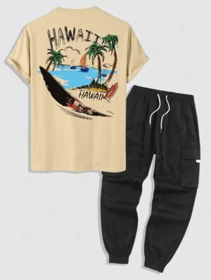 latest Men's HAWAII Letter Palm Tree Boat Graphic Printed Vacation Short Sleeves T-shirt and Flap Pocket Drawstring Techwear Cargo Pants Set - LIGHT COFFEE ONE SIZE