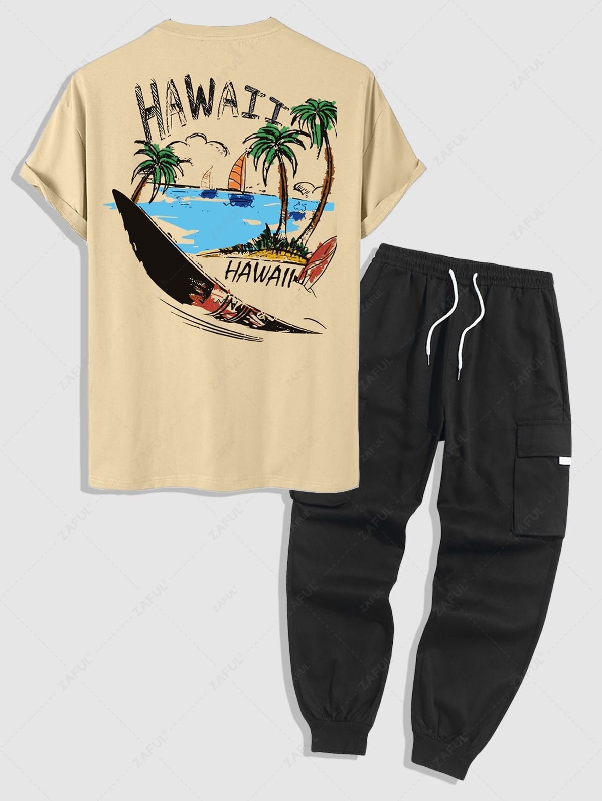 latest Men's HAWAII Letter Palm Tree Boat Graphic Printed Vacation Short Sleeves T-shirt and Flap Pocket Drawstring Techwear Cargo Pants Set - LIGHT COFFEE ONE SIZE