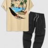 latest Men's HAWAII Letter Palm Tree Boat Graphic Printed Vacation Short Sleeves T-shirt and Flap Pocket Drawstring Techwear Cargo Pants Set - LIGHT COFFEE ONE SIZE