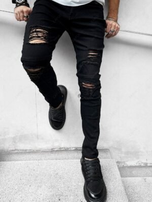 fancy Men's Solid Color Casual Ripped Button Zipper Jeans - BLACK 34