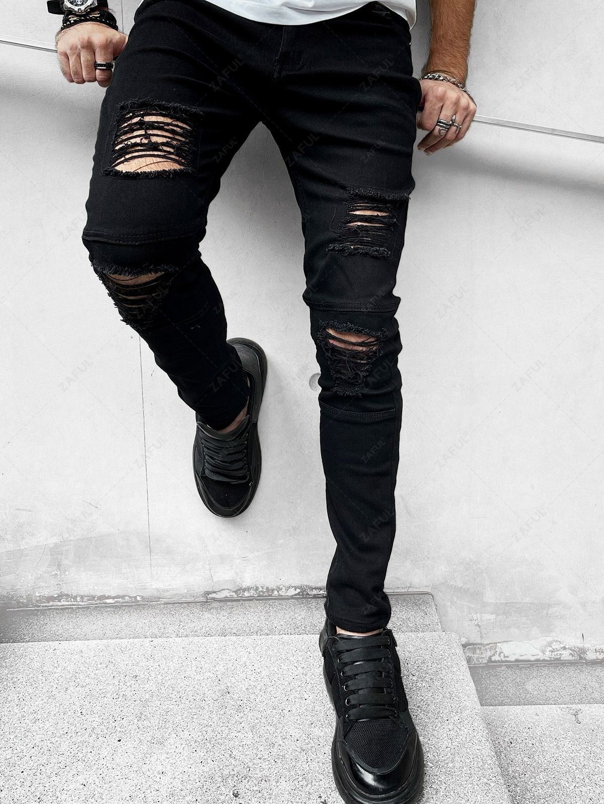 fancy Men's Solid Color Casual Ripped Button Zipper Jeans - BLACK 34