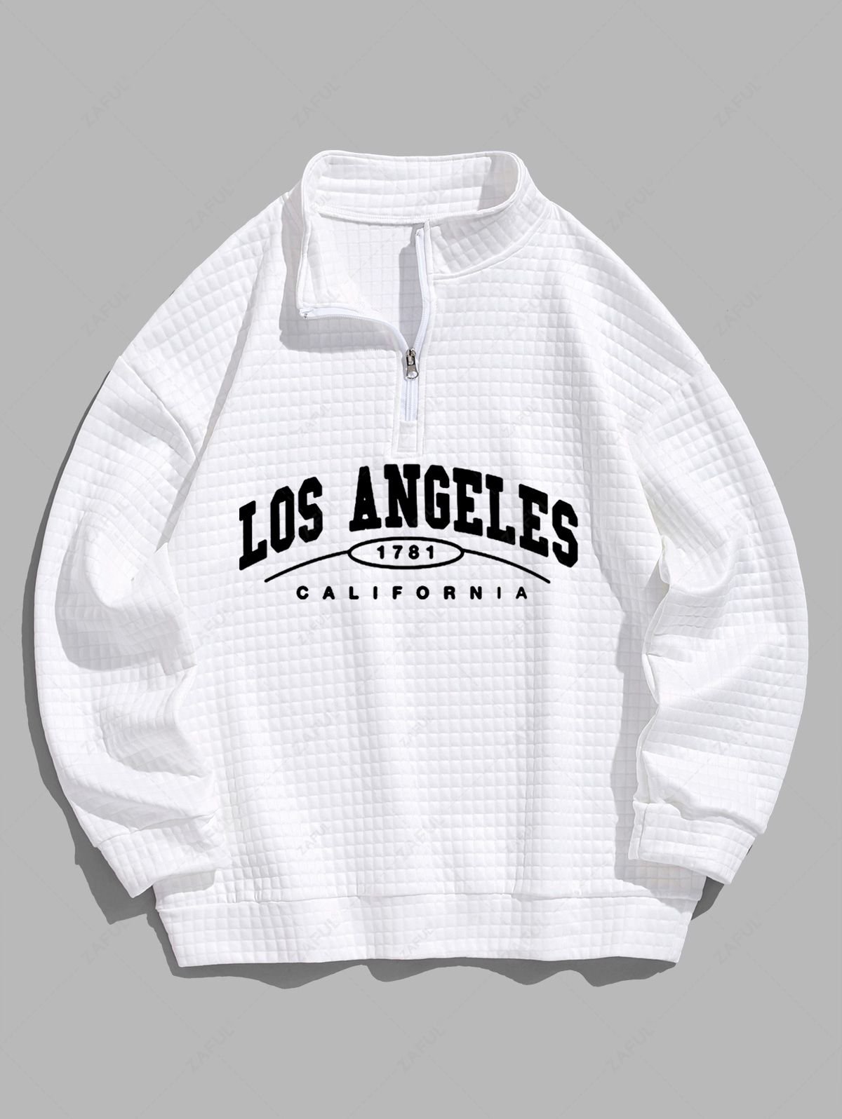 women Men's Plaid Number Letter LOS ANGELES CALIFORNIA Print Quarter Zip Stand Collar Sweatshirt - WHITE 2XL
