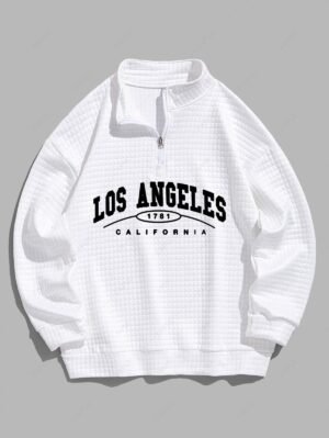 women Men's Plaid Number Letter LOS ANGELES CALIFORNIA Print Quarter Zip Stand Collar Sweatshirt - WHITE 2XL
