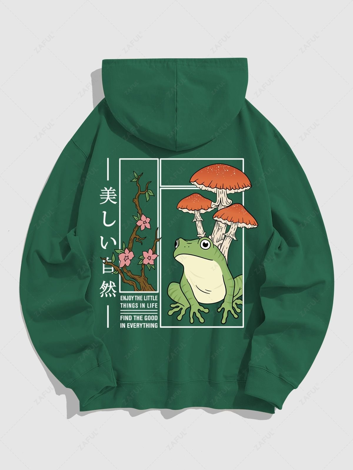 latest Men's Slogan Frog Mushroom Floral Pattern Kangaroo Pocket Pullover Hoodie - GREEN 2XL