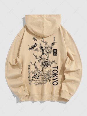 womens Men's TOKYO Japanese Floral Butterfly Bird Pattern Kangaroo Pocket Pullover Hoodie - LIGHT COFFEE M