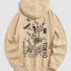 womens Men's TOKYO Japanese Floral Butterfly Bird Pattern Kangaroo Pocket Pullover Hoodie - LIGHT COFFEE M