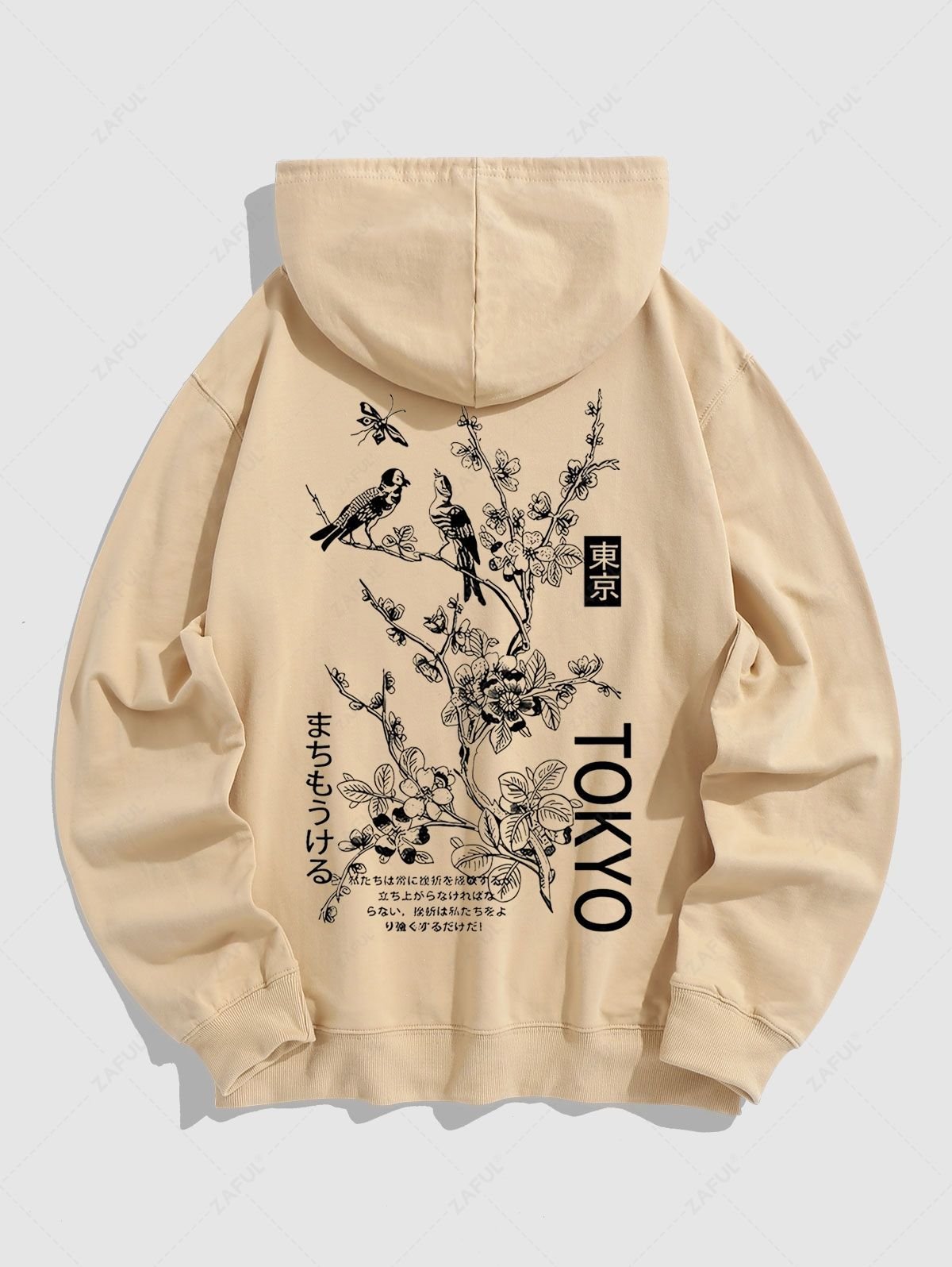 womens Men's TOKYO Japanese Floral Butterfly Bird Pattern Kangaroo Pocket Pullover Hoodie - LIGHT COFFEE M