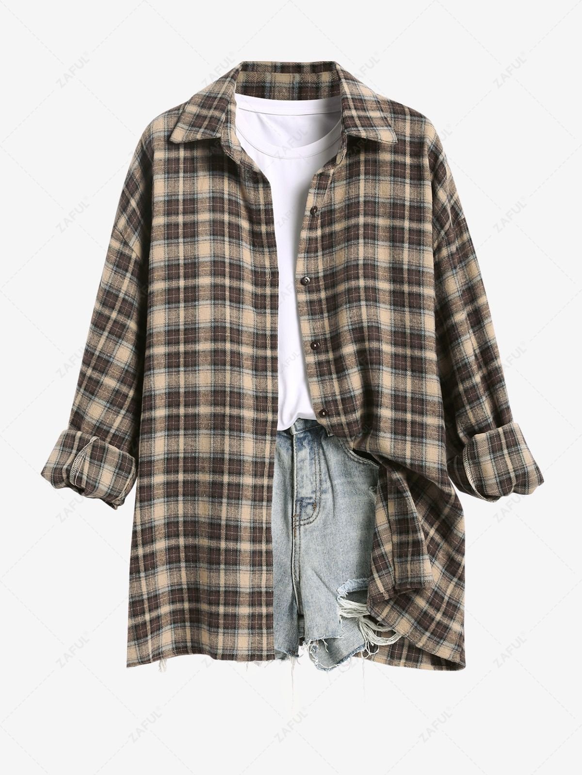 women Women's Casual Vintage Plaid Pattern Button Up Long Sleeves Shacket - LIGHT COFFEE L