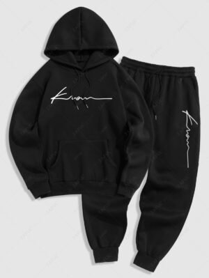affordable Men's Minimalist Style Letter Pattern Fuzzy Fleece-lined Kangaroo Pocket Design Pullover Hoodie And Drawstring Jogger Sweatpants Set - BLACK ONE SIZE
