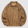 new Men's Striped Patch Design Quarter Zip Stand Collar Corduroy Sweatshirt - COFFEE M