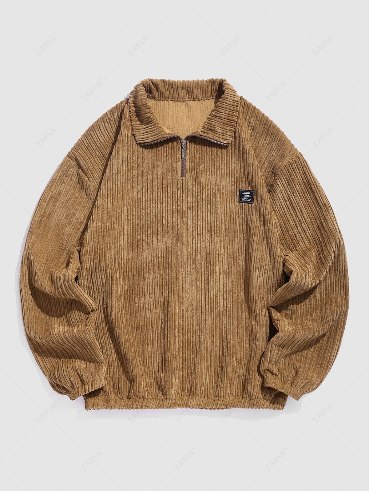 new Men's Striped Patch Design Quarter Zip Stand Collar Corduroy Sweatshirt - COFFEE M