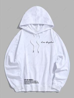 best Men's Los Angeles Letter Printed Kangaroo Pocket Pullover Hoodie - WHITE L
