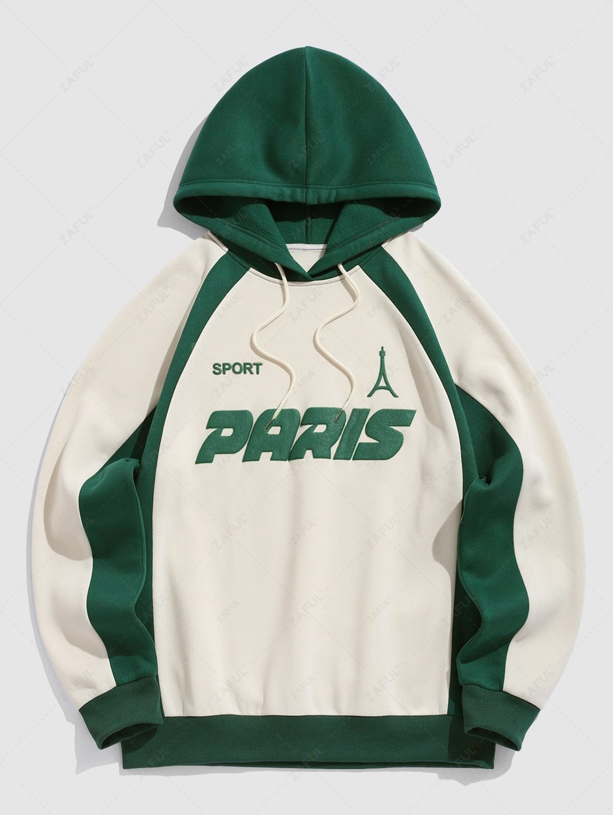 chic Men's Contrast Piping Letter Tower Pattern Fuzzy Fleece-lined Pullover Hoodie - DEEP GREEN L