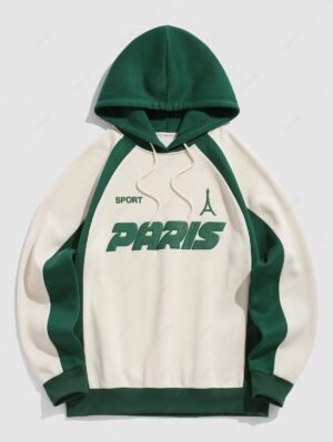 chic Men's Contrast Piping Letter Tower Pattern Fuzzy Fleece-lined Pullover Hoodie - DEEP GREEN L
