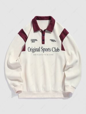 hot Men's Colorblock Letter Number Graphic Embroidered Fuzzy Fleece-lined Half Buttoned Long Sleeve Polo Collar Pullover Sweatshirt - CHAMPAGNE XXL