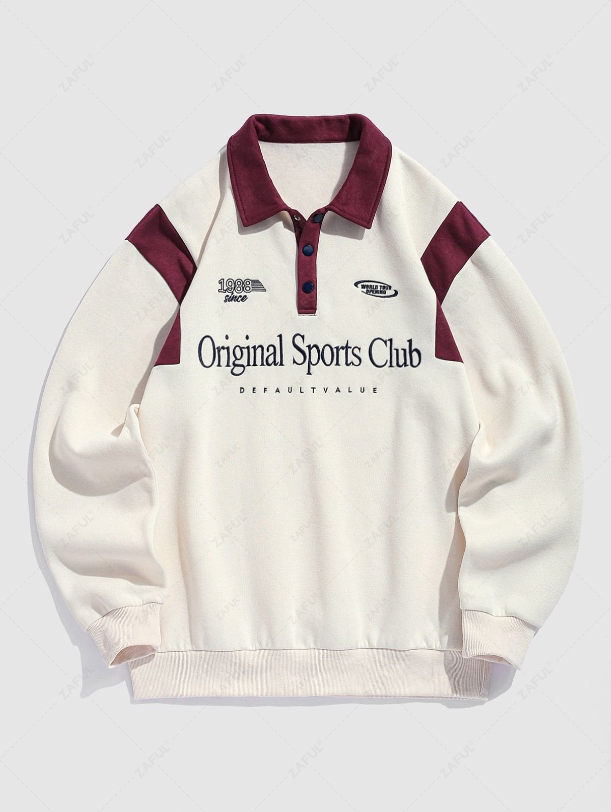 hot Men's Colorblock Letter Number Graphic Embroidered Fuzzy Fleece-lined Half Buttoned Long Sleeve Polo Collar Pullover Sweatshirt - CHAMPAGNE XXL