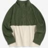 latest Women's Casual Corduroy Two Tone Colorblock Half Buttoned Drop Shoulder Long Sleeves Sweatshirt - GREEN S
