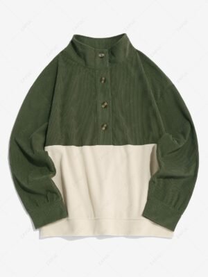latest Women's Casual Corduroy Two Tone Colorblock Half Buttoned Drop Shoulder Long Sleeves Sweatshirt - GREEN S