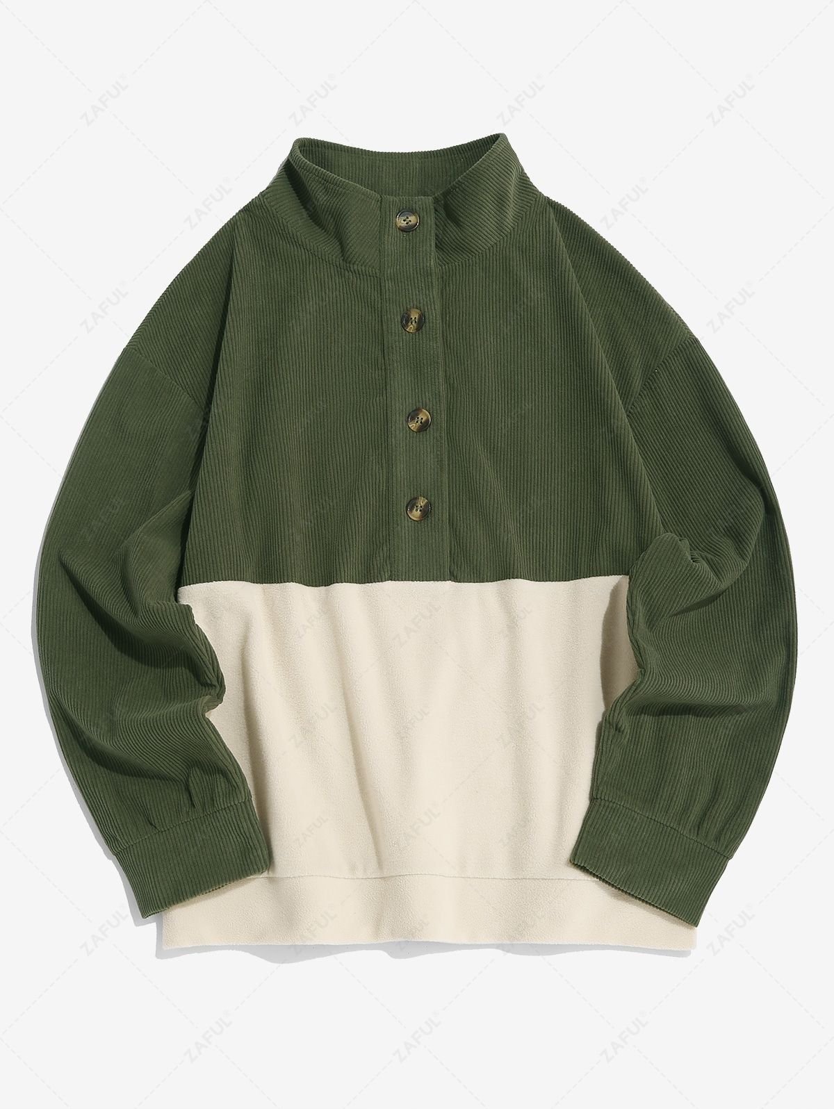latest Women's Casual Corduroy Two Tone Colorblock Half Buttoned Drop Shoulder Long Sleeves Sweatshirt - GREEN S
