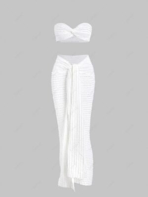 affordable Women's Sexy See Through Twist Knot Crop Tube Top And Tied Waist Maxi Skirt Set - WHITE L