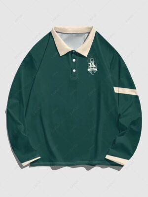 outfit Men's Colorblock Horse Figure Graphic Pattern Half Buttoned Polo Collar Long Sleeves T-shirt - MEDIUM AQUAMARINE L