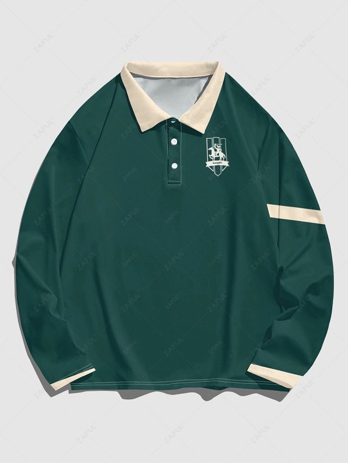 outfit Men's Colorblock Horse Figure Graphic Pattern Half Buttoned Polo Collar Long Sleeves T-shirt - MEDIUM AQUAMARINE L