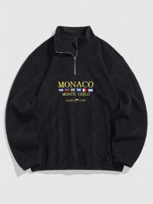 sale Men's Casual Letter Embroidered Half Zip Stand Collar Pullover Sweatshirt - BLACK M