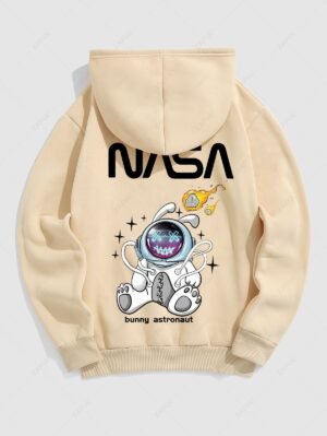 latest Men's Letter Bunny Astronaut Pattern Fuzzy Fleece-lined Kangaroo Pocket Design Pullover Hoodie - LIGHT COFFEE 2XL