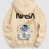 latest Men's Letter Bunny Astronaut Pattern Fuzzy Fleece-lined Kangaroo Pocket Design Pullover Hoodie - LIGHT COFFEE 2XL
